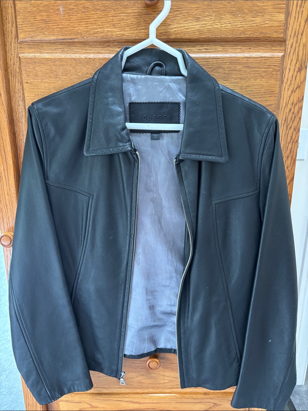 Vintage GUESS Black Leather Bomber Jacket with Zip Front.